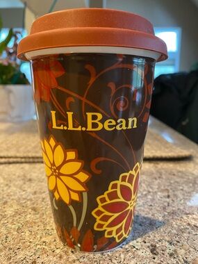 L.L. Bean Brown Ceramic Travel Mug with Floral Design